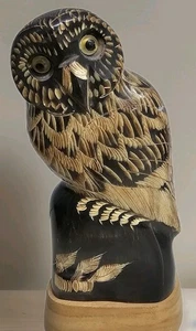 Schneeeule handgeschnitzt Wasserbüffel Horn Skulptur 6" hoch sehr MCM Vibes - Bild 1 von 11