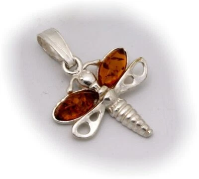 Rimorchio Vero Ambra Libellula Argento 925 Sterling Insetto Nuovo Top - Immagine 1 di 2