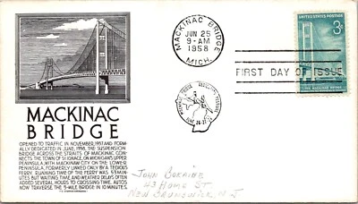 FDC 1958 SC #1111 Anderson Cachet - Mackinac Bridge - Single - J4423 - Image 1 of 2