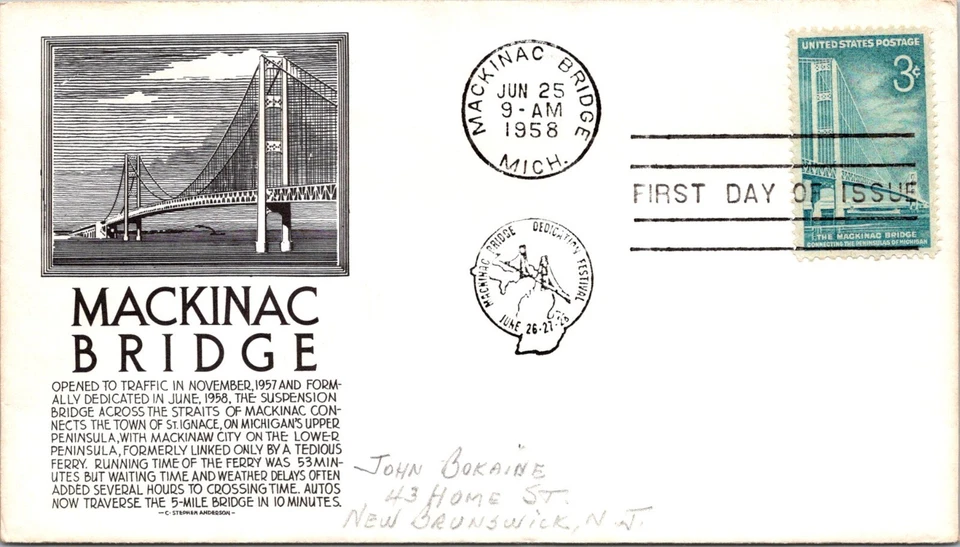 FDC 1958 SC #1111 Anderson Cachet - Mackinac Bridge - Single - J4423 - Image 1 of 2