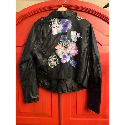 Torrid Size 0 12 Vegan Leather Moto Jacket Zippers Purple Floral Back Accent EUC - Image 1 of 4