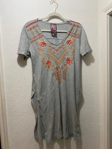 Johnny Was Gray Embroidered Tunic Dress Short Sleeve Top Size S - Picture 1 of 8