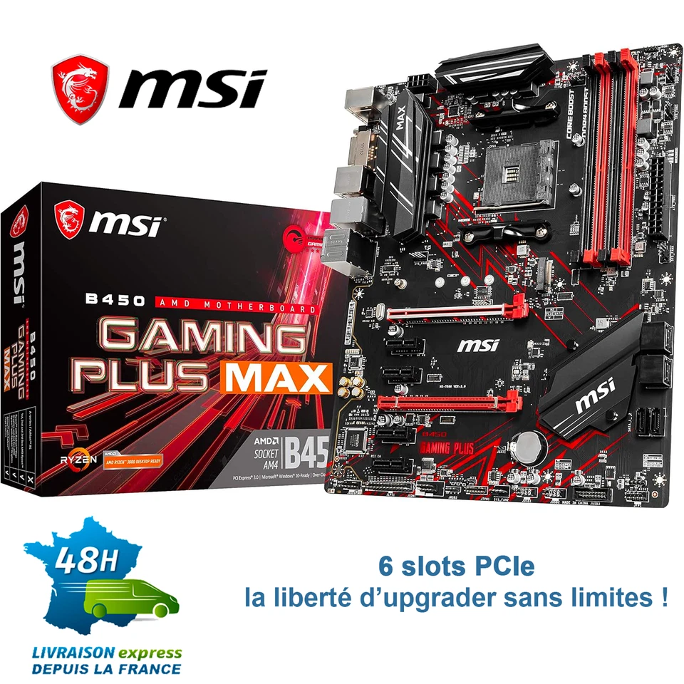 MSI B450 GAMING PLUS MAX AM4 M.2 32Gbs SATA3 6.0Gbs ATX AMD – 6 PCIe, M.2 NVMe - Photo 1/4