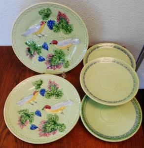 Majolika W. Germany G.S. Zell glasierte Keramik 2 Teller 3 Untertassen Vögel & Trauben - Bild 1 von 9