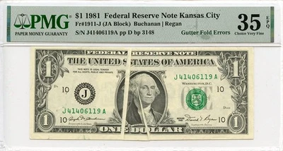 1981 $1 Federal Reserve Note PMG CHVF35EPQ FR# 1911-J, Gutter Fold, Kansas City - Image 1 of 2