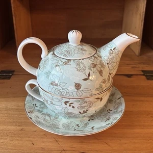 Grace Teaware Tea for One Teapot, Cup & Saucer Mint Green W/Gold Roses & White - Picture 1 of 13