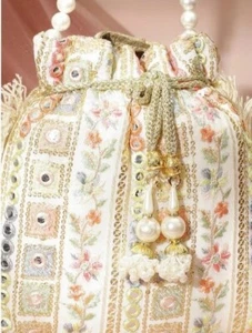 Traditional Embroidered Potli handbag, bag with Pearl handle and Designer Patter - Picture 1 of 5
