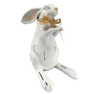 Standing White Easter Bunny Rabbit with Paws Out Figurine with Straw Bow 6 Inch - Picture 1 of 7