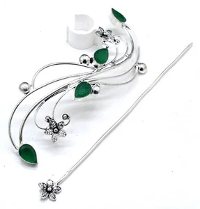 925 Sterling Silver Emerald Green Gem Handmade Jewelry Hair Brooch - Picture 1 of 7