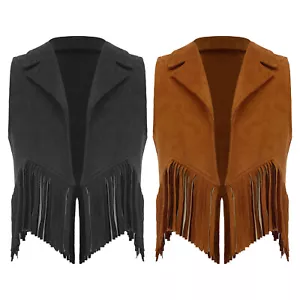 UK Girls Boys Fringed Waistcoat Western Cowboy Cowgirl Vest for Carnival Party - Picture 1 of 25