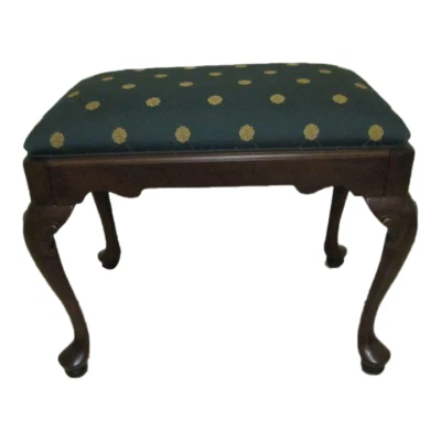Vintage Ethan Allen Footstool Mahogany Wood Legs  English Georgian Green Fabric - Image 1 of 4
