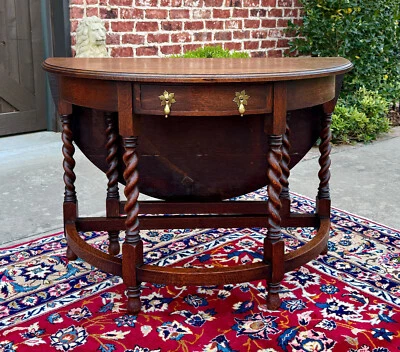 Antique English Demilune Table Drop Leaf Barley Twist w Drawer Oak ROUND 1920-30 - Image 1 of 4