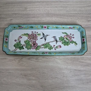 Antique Chinese Enamel Rectangular Tray Birds Floral Hand Painted Trinket Dish - Picture 1 of 6