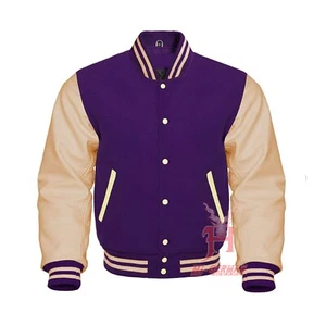Varsity Letterman Baseball Purple Wool Genuine Cream Leather Sleeves Jackets - Picture 1 of 6