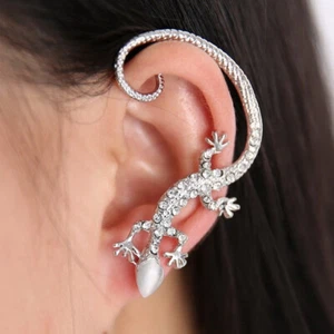 Silver Tone Lizard Gecko Earring Over Ear Hook Cuff with Crystal Ladies - Picture 1 of 6