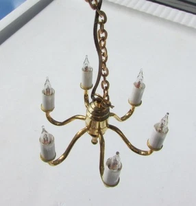 Dollhouse Miniature Chandelier Brass 6 Arm Light Electric Ceiling Hanging 1980s - Picture 1 of 11