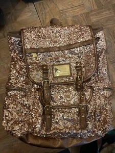 Juicy Couture Rose Gold Sequin Backpack Draw Flap Zip Pockets Logo Lined - Picture 1 of 8