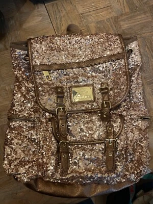 Juicy Couture Rose Gold Sequin Backpack Draw Flap Zip Pockets Logo Lined - Image 1 of 4