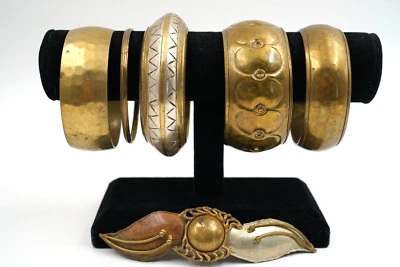Indian Tribal Ethnic Chunky VINTAGE Brass Bangles Bracelets W/ Brutalist Brooch - Image 1 of 3