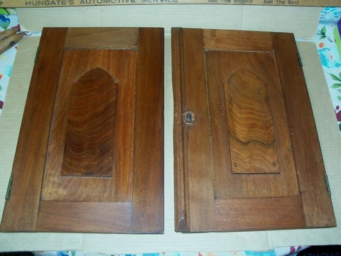 ANTIQUE WALNUT CABINET DOORS COMPLETE WITH ORIGINAL BRASS HINGES LOCK 16" x 10" Cover