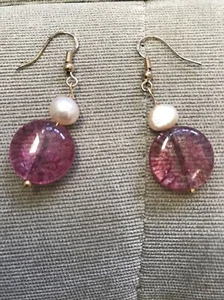 Natural Pink Tourmaline Gemstone Earrings Cultured Pearl 925 Sterling Silver - Picture 1 of 6