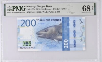 NORWAY NORGES BANK P55a 2016 200 KRONER ➖ Superb  Gem UNC PMG 68 EPQ➖ - Image 1 of 3