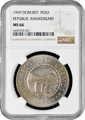 Dominican Republic 1 peso 1969, NGC MS66, "125th Anniversary of the Republic" - Image 1 of 2