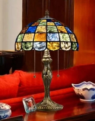 TIFFANY & CO. Tiffany Style Table Lamp 2 Bulb Stained Glass Vintage Bedside Reading Light