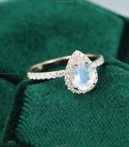 14k Rose Gold Natural Moonstone Moissanite Unique Band Engagement Ring For Women