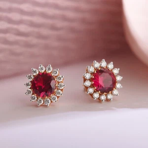 Lab Created Pink Ruby Round Cut Gemstone 925 Sterling Silver Women Stud Earrings - Picture 1 of 7