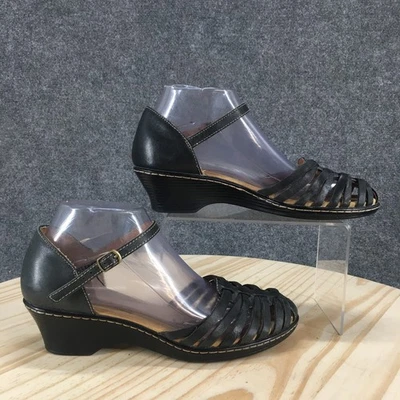 Softspots Sandals Womens 8 M Tatianna Ankle Strap Low Wedge Black Leather Casual - Image 1 of 4