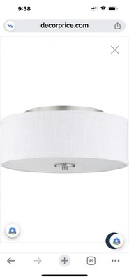 New 2 Light 13” W Flush Mount in Brushed Nickel with Fabric Shade, Dimmable - Image 1 of 4