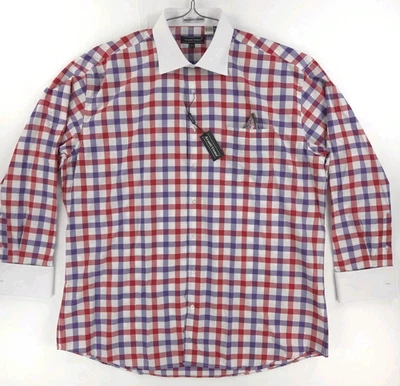 Camisa de vestir Avanti Uomo para hombre 18 1/2 36/37 roja púrpura a cuadros puño francés y pañuelo Foto 1 de 4