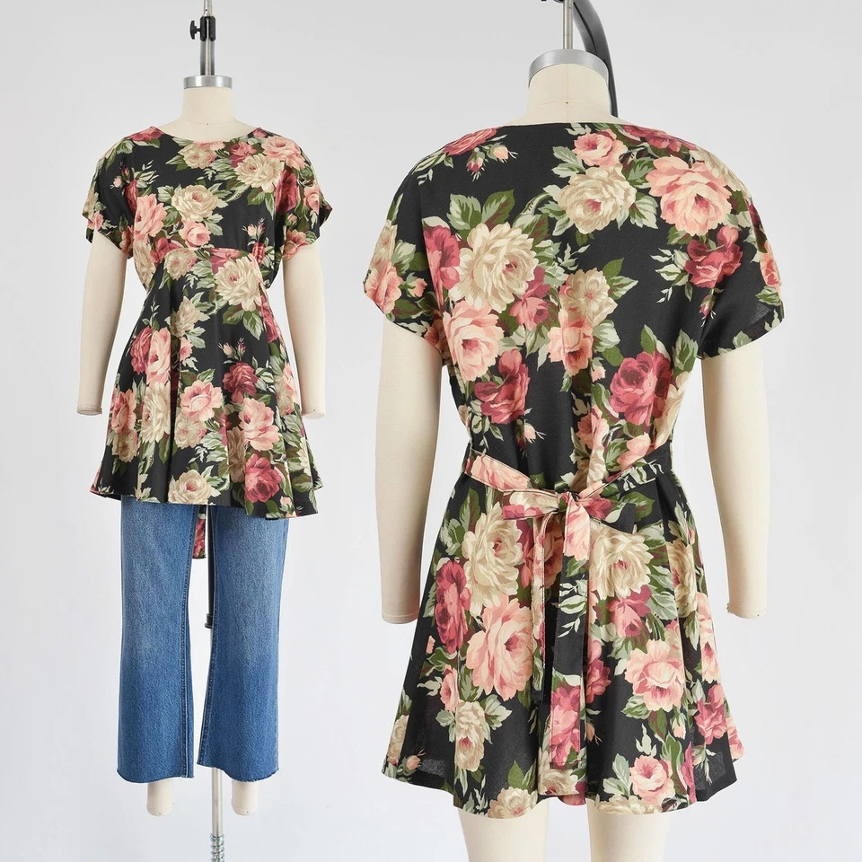 Mini Vestido Babydoll Vintage Años 90 Negro Floral Top Cottagecore Cintura Imperio S M Foto 1 de 4