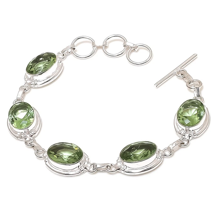Brazalete de joyería de plata de ley 925 hecho a mano con piedras preciosas de amatista verde tamaño 7-8" Foto 1 de 1