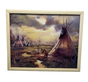 Marco de madera con impresión de arte de paisaje nativo americano de H. Fleming 21,5 x 17,5" LEER - Imagen 1 de 11