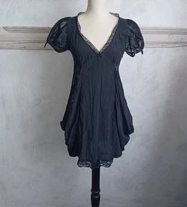 All Saints "Julia" Black Silk Crepe & Lace Tea Dress Empire Line Draped Sides 10 - Picture 1 of 7