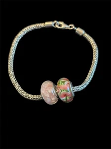Sterling Silver 6” Wheat Slide Charm Bracelet 2 Murano Glass Charms Pink Green - Picture 1 of 5