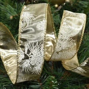 10yds Christmas White Pine Gold Metallic Lame Wired Ribbon 1.5"W - Picture 1 of 1