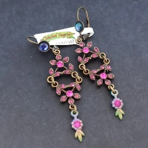 Michal Negrin Earrings Pink Purple Dainty Leaf Cluster Romantic Crystals Long - Picture 1 of 14