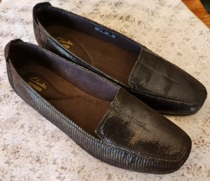 CLARKS COLLECTION LOAFERS, Black Reptile Patent Leather, Women's 9.5 WIDE NEW - Picture 1 of 16
