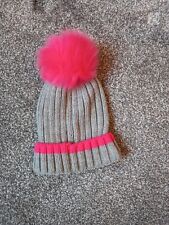 Ladies Girls Winter Hat Grey Knit with Flufy Pom Bobble Pink One Size
