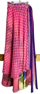 Wrap Sari Skirt Maxi Pink Reversible Chiffon Silk Blend Boho Gypsy Women 1 Sz - Image 1 of 4