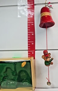 Vintage Russ Berry Country Antique Wood Hanging Bear & Bell Christmas Ornament - Picture 1 of 5
