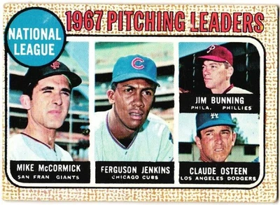 1968 Topps - Líderes de pitcheo de la Liga Nacional - McCormick, Jenkins, Bunning #9 (B) en muy buen estado-en muy buen estado+ Foto 1 de 2