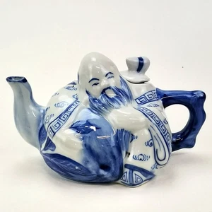 Vintage blau & weiß Porzellan lachender Buddha figurale Teekanne, asiatisches Dekor - Bild 1 von 12