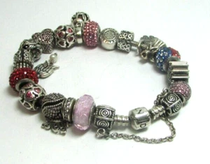 Vintage PANDORA Sterling Silver Bracelet with Pink Red & Diamond Charms & More - Picture 1 of 7