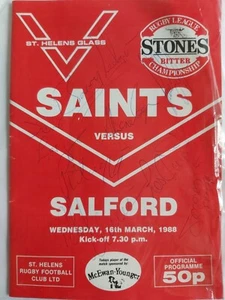 St Helens Saints vs Salford SIGNIERTES Rugby League Programm - März 1988 - Bild 1 von 5