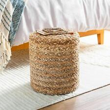 Narrow Round Cylinder Pouf, Handwoven Jute, Rustic Boho Farmhouse Accent Stool 