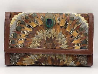 Cartera clutch boho vintage años 70 plumas de pavo real y faisán sedosa Foto 1 de 4